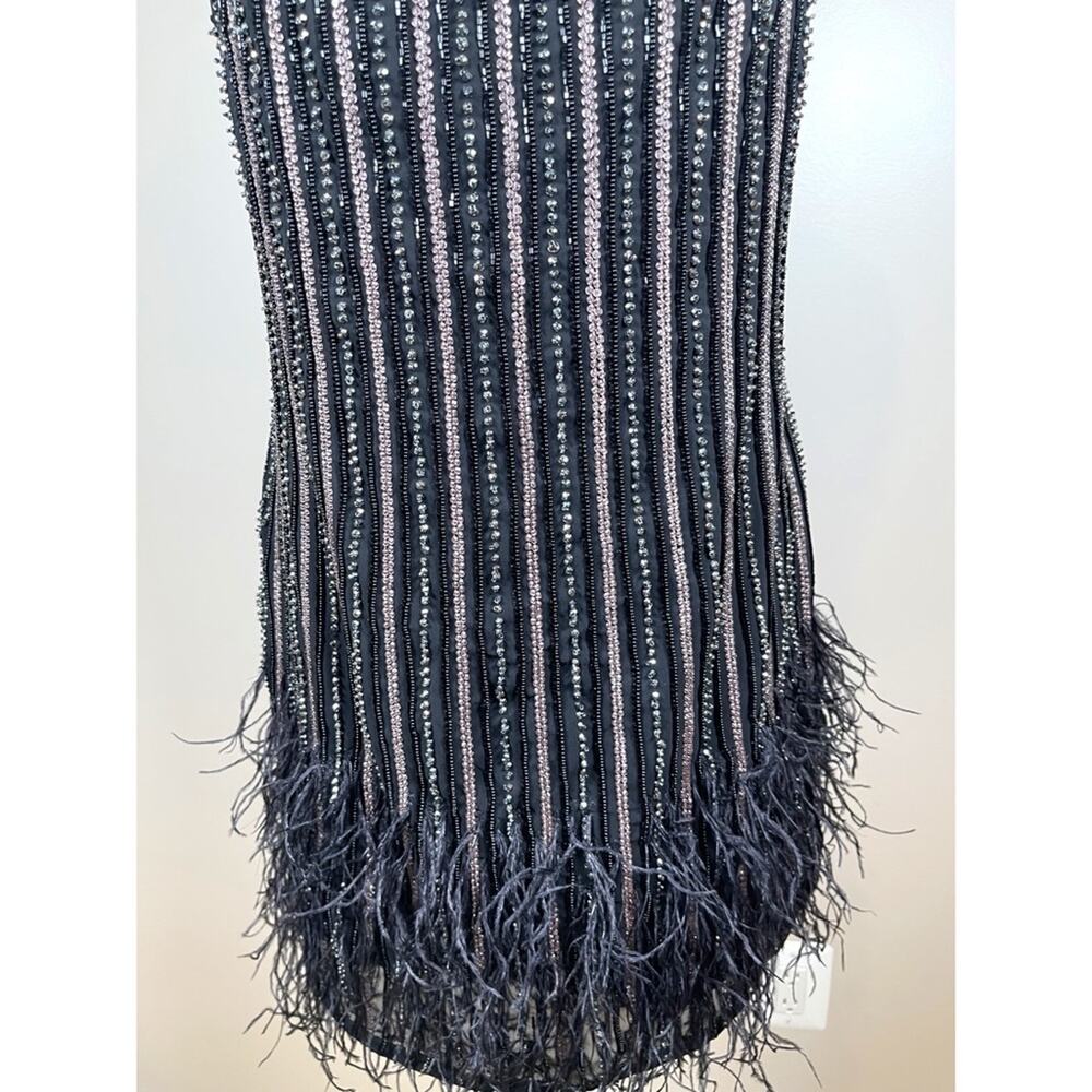 Retrofete Black and Silver Rubina Sequin Feather Hem Mini Dress Size Medium - Picture 7 of 12